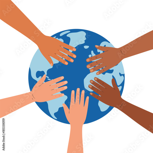 Globe with human hands multiracial surrounding it isolated on white representing unity diversity global connection and worldwide harmony artwork