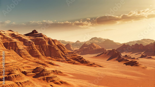 Mars landscape showing rock desert and sky concept. Stunning desert landscape with rocky formations and golden sands.