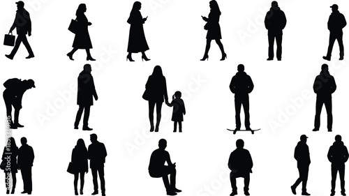 Diverse collection of people silhouettes featuring men women and children walking sitting and standing for urban lifestyle and community compositions. (20 words)