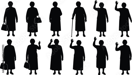 Elderly women silhouette, aging diversity, gesture variation, handbag and cane, senior lifestyle, black illustration, character modeling, health theme, posture study, movement