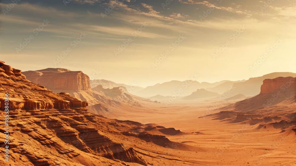 Naklejka premium Mars landscape showing rock desert and sky concept. Vast desert view with rocky formations under a serene sky.