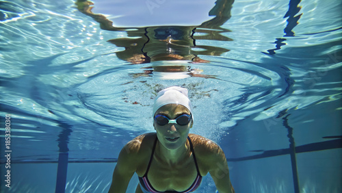 Athletic woman swimming underwater in clear pool concept. Underwater view of swimmer in pool with clear water reflection.