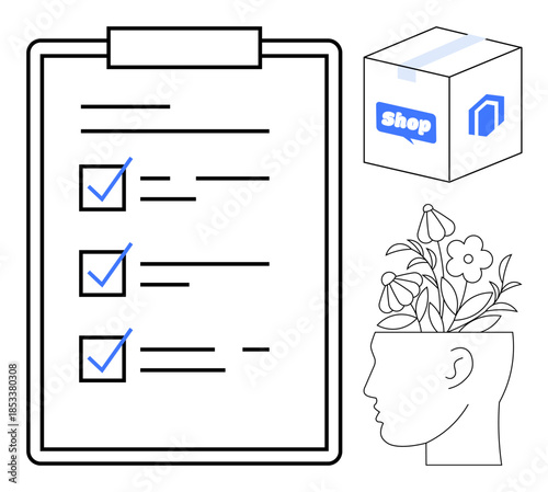 Large clipboard with completed checklist, human profile with blossoming flowers, and delivery box. Ideal for organization, productivity, creativity, planning, ecommerce, self-growth mindfulness