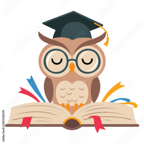 Graduation cap wise owl brown vector illustration reading book cute cartoon character perfect for knowledge education learning and school themed design
