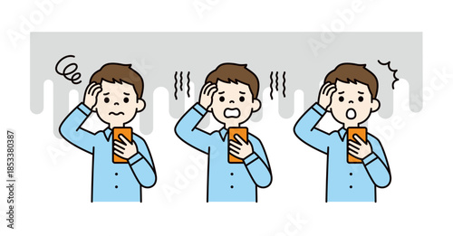 スマートフォンを見て頭を抱える、若い男性・会社員の上半身ベクターイラスト素材セット＿カラー