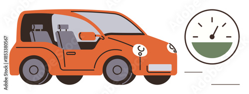 Orange compact car with visible seats beside a fuel gauge illustrating fuel efficiency and eco-friendliness. Ideal for automotive innovation, eco-driving, energy conservation, sustainability