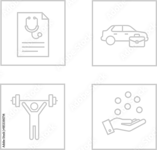 Minimalist grey line art icon set featuring a medical report car with briefcase weightlifter and hand with coins representing health auto fitness and finance