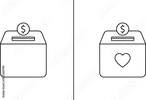 Minimalist line vector icons of charity donation boxes with heart symbol and dollar coin for fundraising and non-profit concepts.