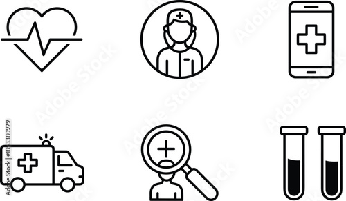 Comprehensive collection of black and white line art medical icons featuring a heartbeat heart rate monitor nurse smartphone ambulance magnifying glass and test tubes