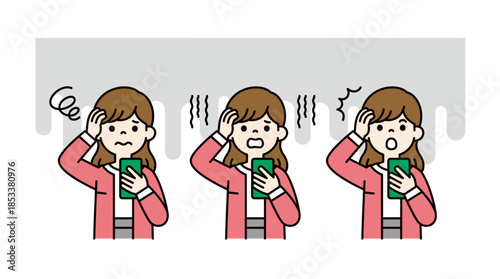 スマートフォンを見て頭を抱える、若い女性・主婦の上半身ベクターイラスト素材セット＿カラー