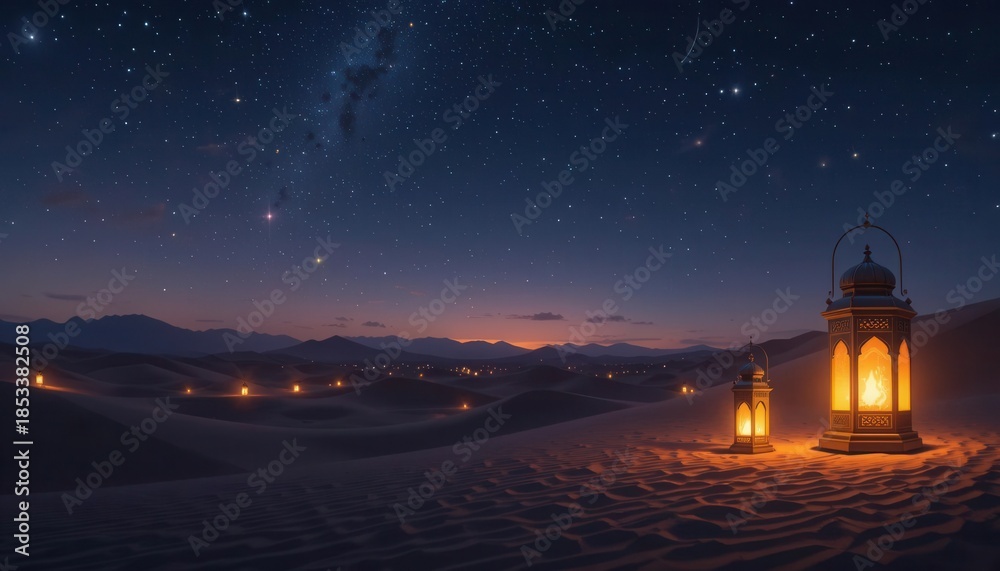 Fototapeta premium Lantern in the Sahara desert at night. 3d rendering AI generated Lantern in the Sahara desert at night. 3d rendering AI generated