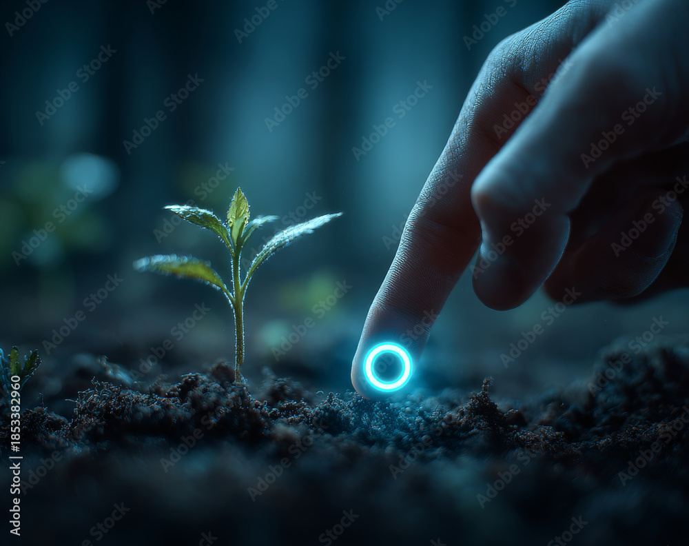 Fototapeta premium Person planting a young seedling with a futuristic glowing green light on the finger