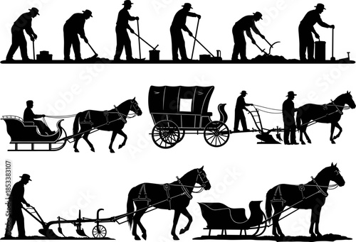 Historic farming silhouettes with horse-drawn plow scenes, vintage workers using tools, agricultural wagon, winter sleigh, traditional rural labor vector illustration, black silhouettes