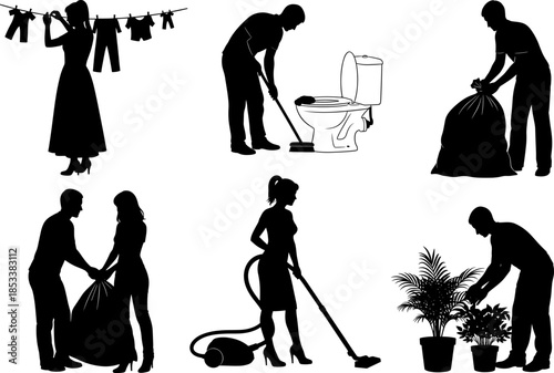 Household chore silhouette collection showing men and women cleaning, gardening, vacuuming, washing clothes, and handling trash, domestic home tasks vector illustration