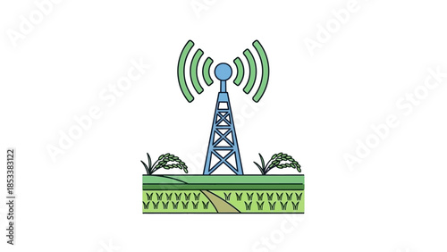 Vibrant vector illustration of a modern communication tower actively broadcasting wireless signals, symbolizing essential global connectivity and technological advancement across diverse landscapes