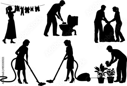 Household chore silhouettes featuring men and women cleaning, gardening, vacuuming, washing clothes, and organizing tasks in a domestic home environment, vector illustration