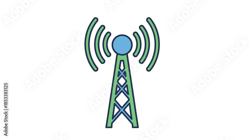 Stylized vector illustration of a communication tower emitting wireless signals, representing connectivity, network coverage, and broadcast technology