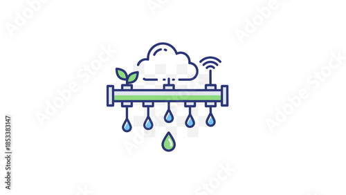 Advanced smart irrigation system utilizing cloud computing for optimized water distribution, representing futuristic agriculture and environmental sustainability