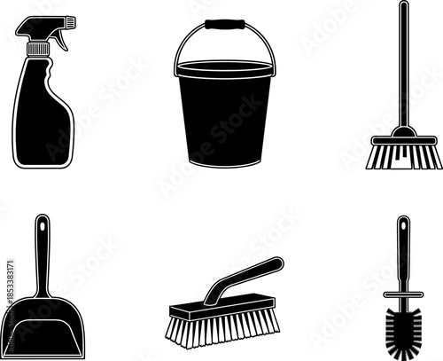 House cleaning tools vector illustration set featuring spray bottle, bucket, broom, dustpan, scrubbing brush, and toilet brush in bold black silhouette style