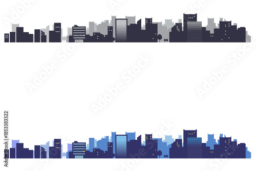 シンプルな街並みのシルエットのフレームイラスト　背景イラスト　都市景観