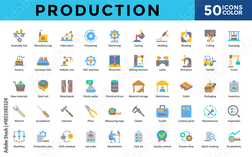 Production icons set with assembly line, manufacturing, fabrication, processing, machining, casting, welding, productivity icon. Simple color vector 
