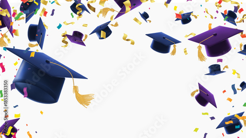 Graduation caps and colorful confetti flying on white background festive university commencement celebration banner design educational achievement ceremony vector illustration with copy space