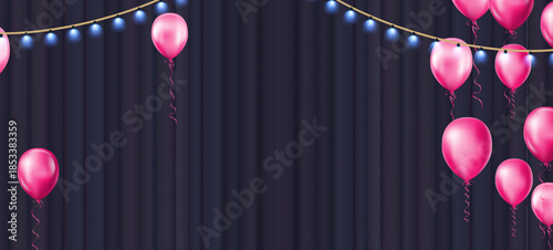 Pink balloons with fairy lights on dark purple curtain background horizontal banner for birthday party celebration night event luxury club invitation copy space center