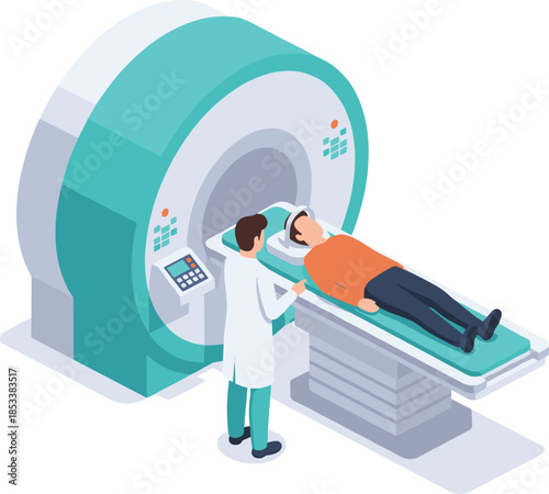 Professional isometric MRI scanner machine vector illustration featuring a doctor and patient for medical diagnosis healthcare radiology hospital equipment