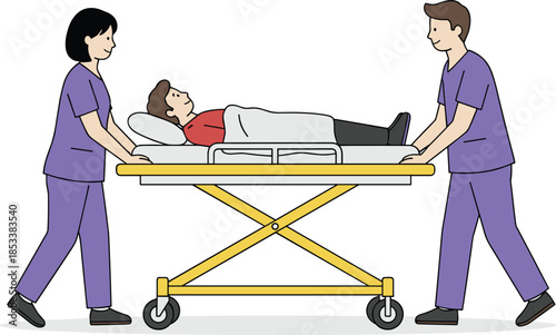 Professional medical illustration of nurses transporting a patient on a hospital stretcher for healthcare services emergency clinical care
