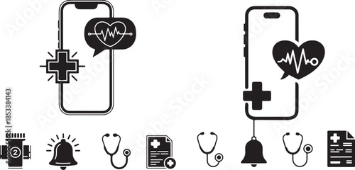 Mobile health monitoring and telemedicine icon set with heart rate tracking, medical alerts, doctor consultation and records vector