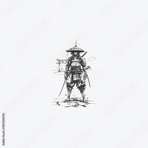Vintage hand drawn japanese samurai warrior standing in front of traditional torii gate