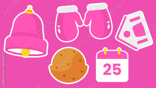 Pink background shows a bell mittens cookie mask and calendar symbol 4K pattern video