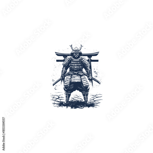 Vintage hand drawn japanese samurai warrior standing in front of traditional torii gate
