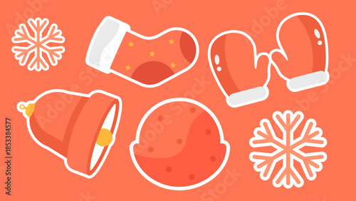 Mittens bells cookie snowflakes and stocking on orange background 4K pattern video