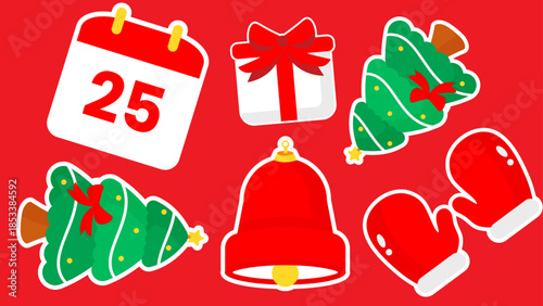Christmas items like a calendar gift tree bell and mittens appear 4K pattern video