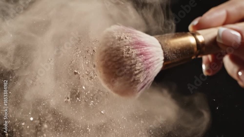 Makeup powder falling from brush in slow motion.