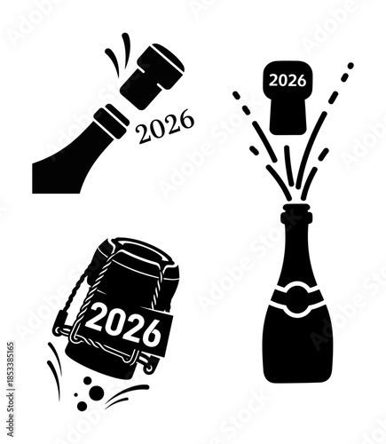 New Year 2026 party popper and champagne cork explosion silhouette set