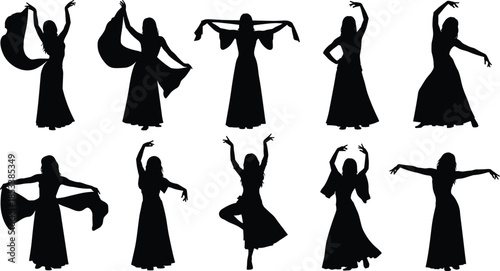 Belly dancer silhouettes set, graceful woman dancing with veil, middle eastern folk dance performers, oriental girl moving body, exotic performer for entertainment design.