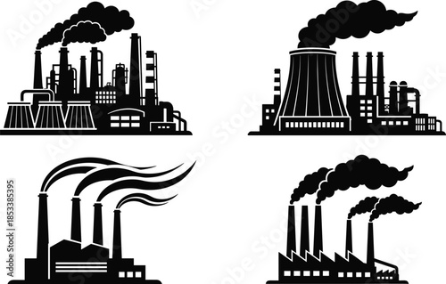 Industrial factory building silhouette set, power plant with smoking chimneys, manufacturing facility icons, chemical refinery station, and heavy industry vector illustration for environmental design.