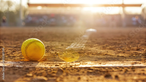Softball pitcher hand releasing fastball concept. A close-up of a yellow softball on a baseball field at sunset.