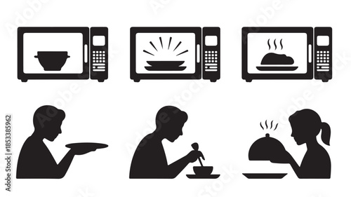 Microwave Oven with Food and People Eating in Simple Silhouette Style with Black Color on White Background for Kitchen Illustration