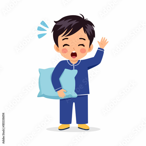 Sleepy cartoon boy in blue pajamas yawning and holding a pillow, waving.