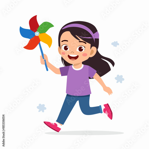 Cute cartoon girl running happily with a colorful pinwheel toy