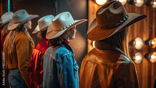 Cowgirls line dancing in rustic barn at evening concept. Group of people in cowboy hats admiring bright stage lights.