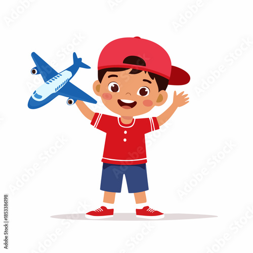 Happy cartoon boy in red cap playing with toy airplane, smiling, representing childhood dreams of flying and adventure.