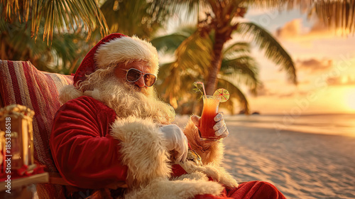 Santa relaxing with cocktail at beach sunset concept. Santa relaxing on a tropical beach with a cocktail at sunset.