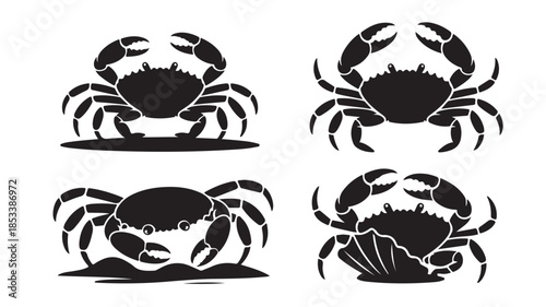 Crab Silhouettes in Various Poses with Bold Black Color on White Background for Marine Life Illustration