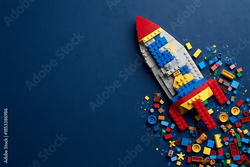 Vibrant Lego rocket launching into colorful chaos on dark blue background