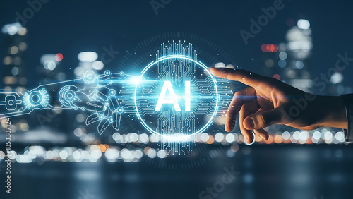 Hand interacting with ai symbol isolated on white background