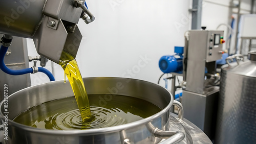 Industrial oil dispenser pouring oil into container, isolated on white background